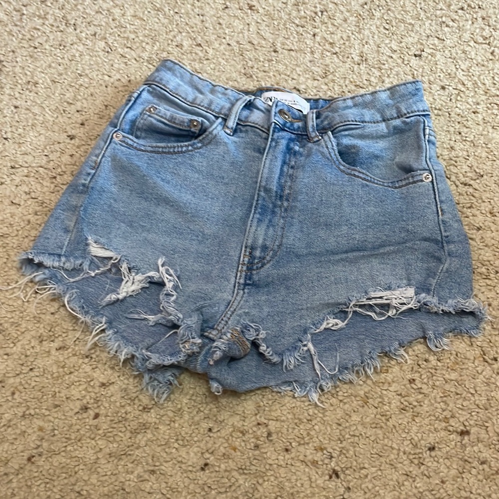 Zara Light Blue Distressed Jean Shorts
